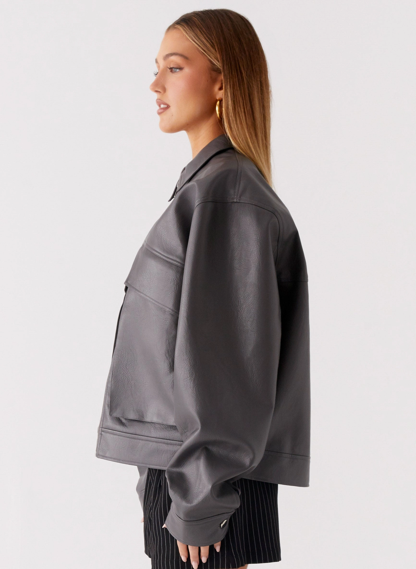 Lula Faux Leather Bomber Jacket - Charcoal Warmth Without Bulk