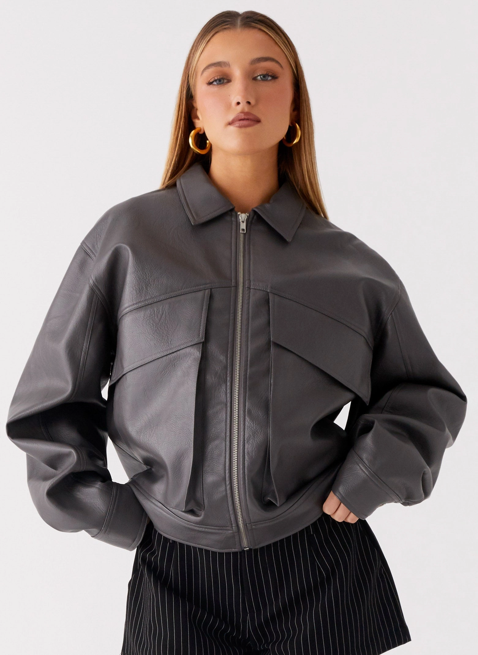 Transitional City Fit Lula Faux Leather Bomber Jacket - Charcoal