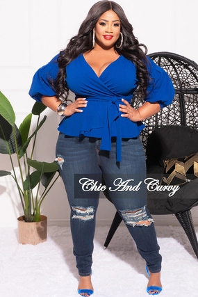 Basic Style Final Sale Plus Size Faux Wrap Peplum Top with Waist Tie in Royal Blue