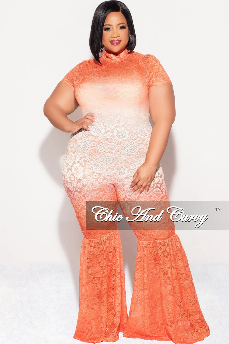 Final Sale Plus Size Mock Neck Lace Bell Bottom Jumpsuit in Orange Ivory Breath Flex Daily Style