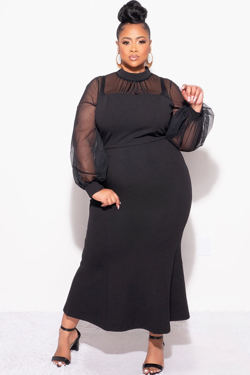 Final Sale Plus Size Sheer Mesh Sleeve & Shoulder 2pc Set in Black Air Comfort All Around Fit