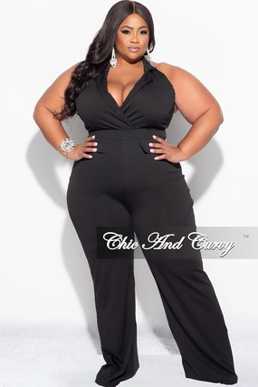 Final Sale Plus Size Faux Wrap Halter Jumpsuit in Black Versatile staple