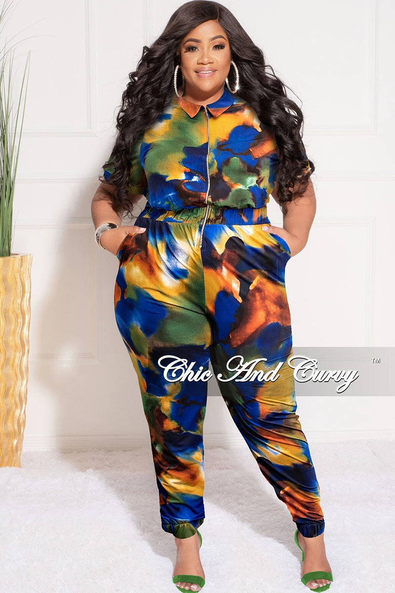 Final Sale Plus Size Zip Pocket Jumpsuit in Royal Blue Multi-Color Print Breathable Style No Irritation Seams