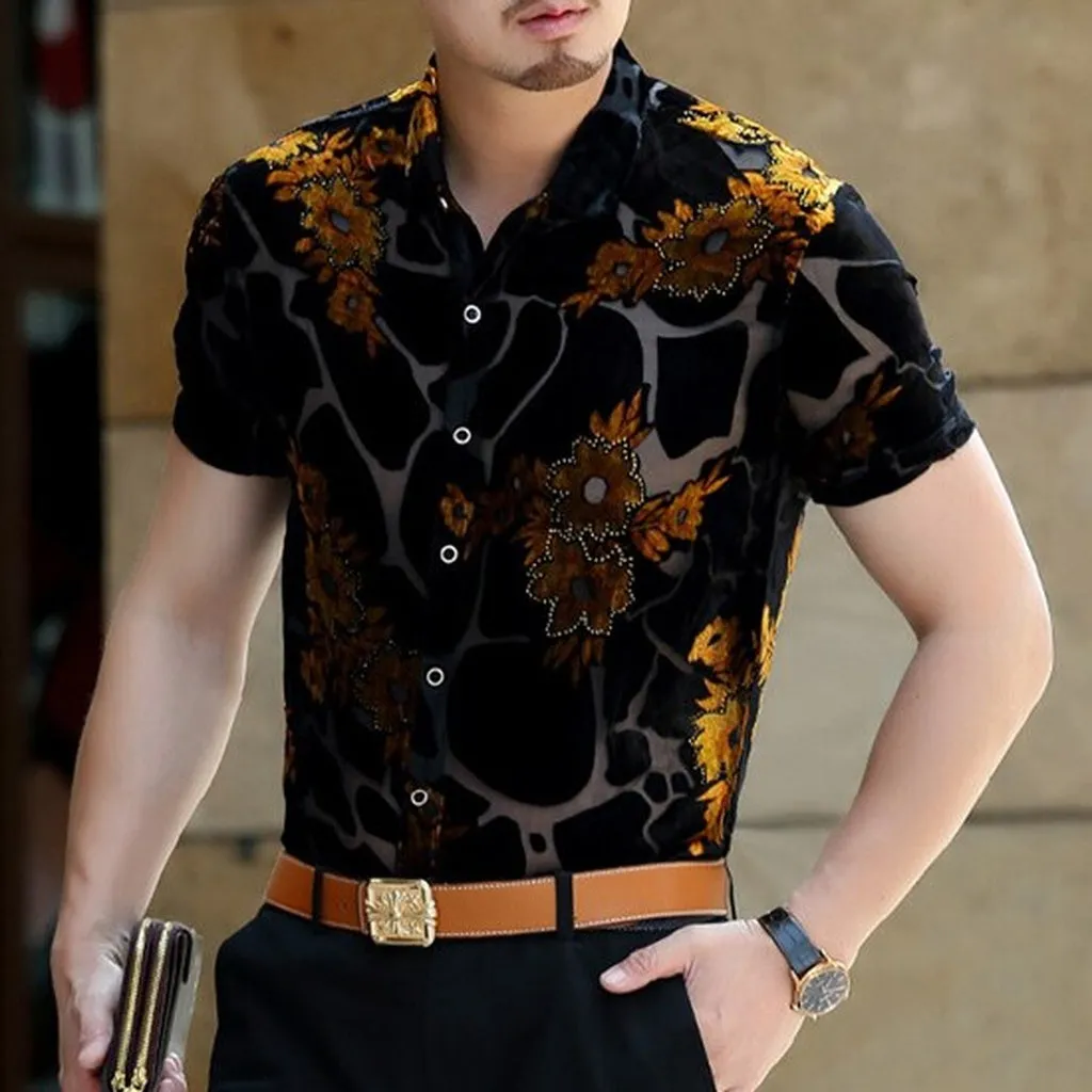 Luxury Floral Embroidery Lace Shirt Men 2019 New Sexy Transparent Mens Dress Shirts See Through Party Clubwear Male Social Shirt