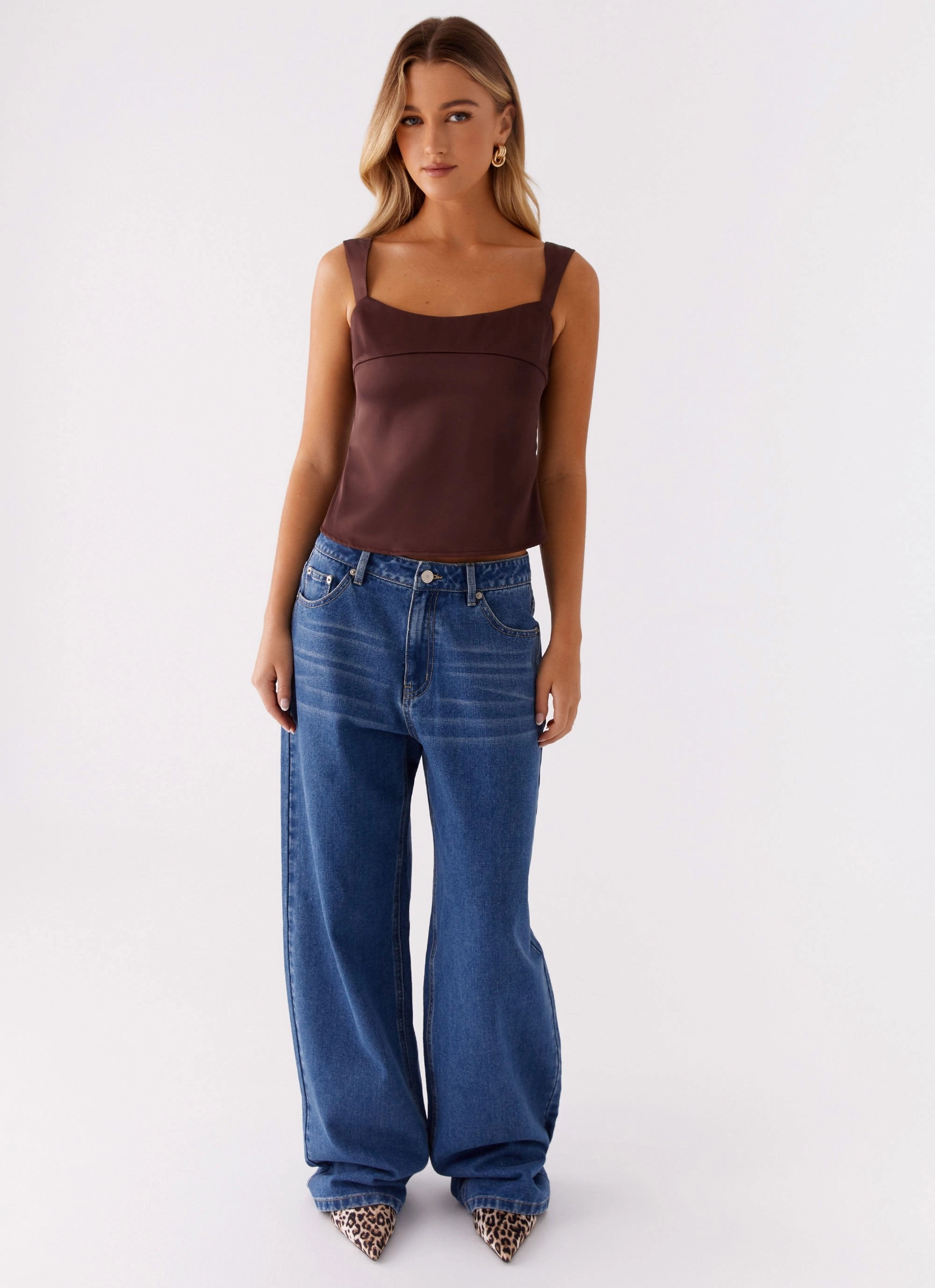 Contoured Armhole Design SlubTexture Lylah Satin Top - Brown