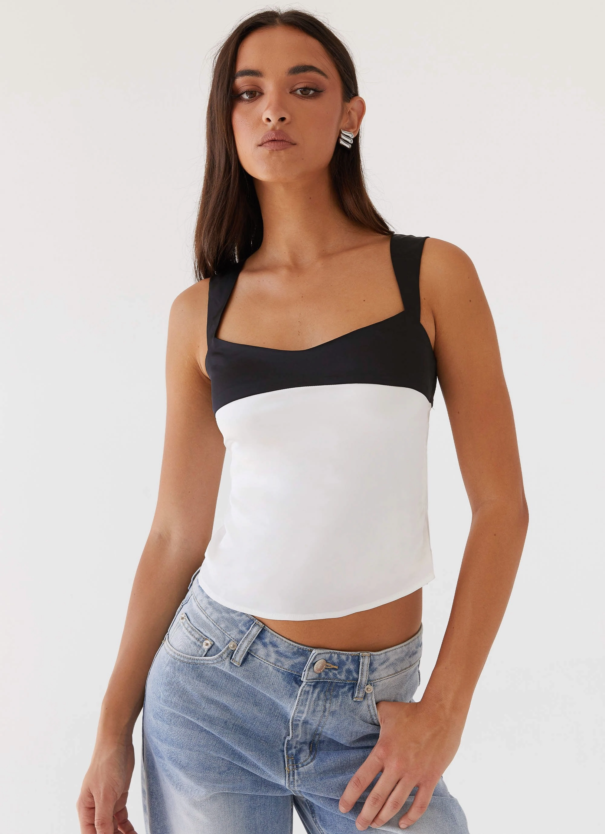 Ergonomic Shoulder Cut Lylah Satin Top - Noir Pearl