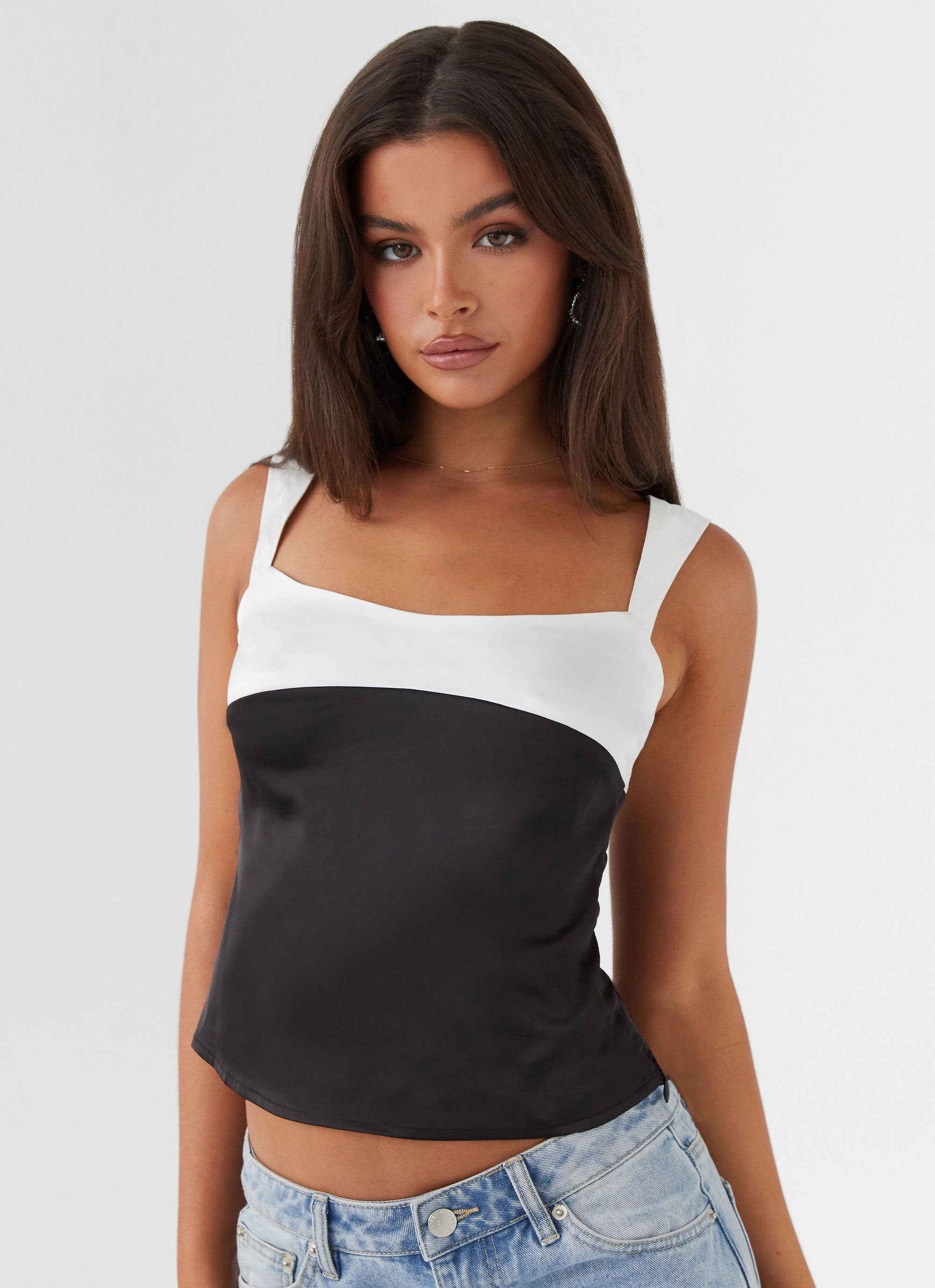 Natural Fiber Blend HighNeck Lylah Satin Top - Onyx