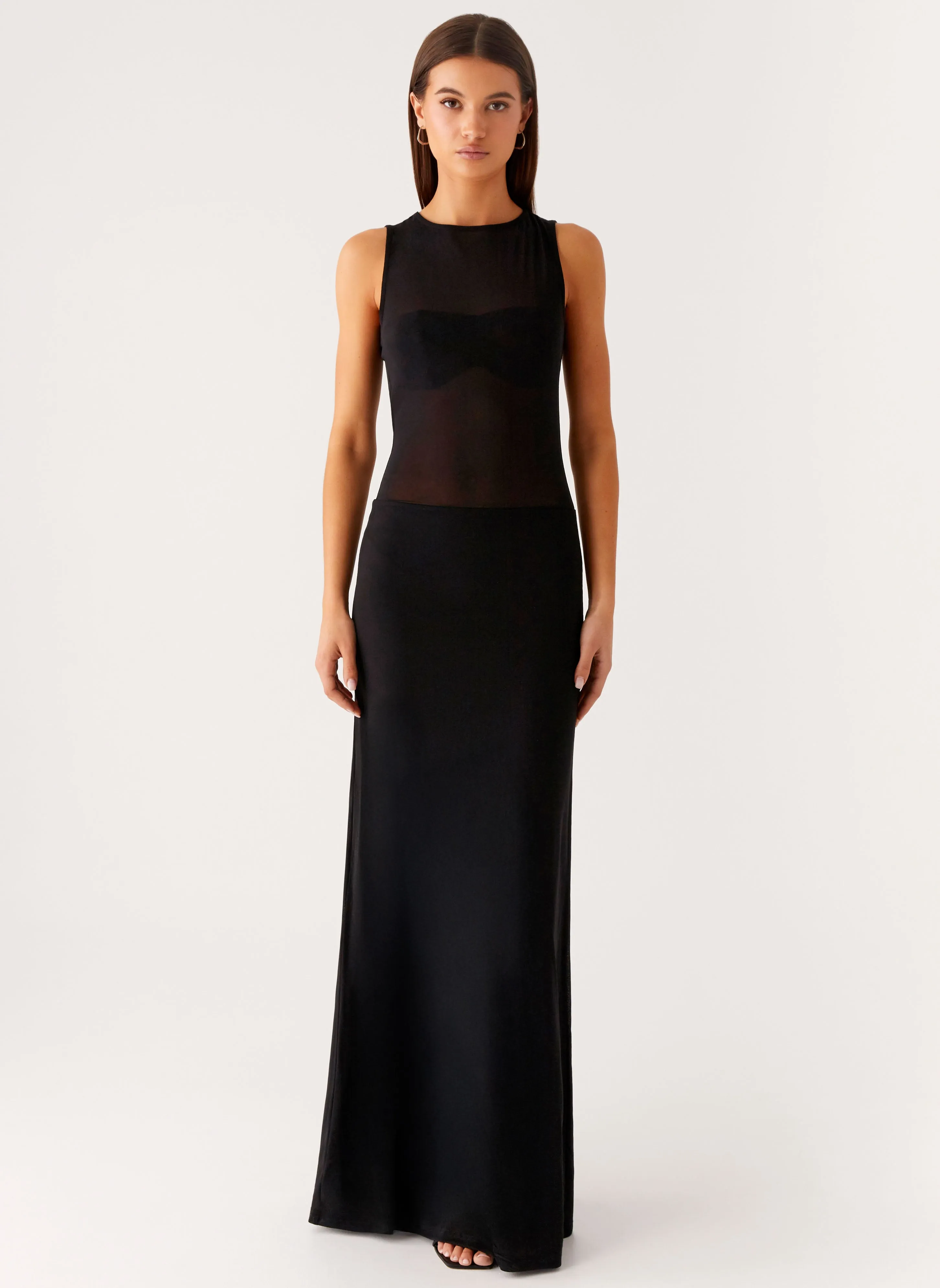 Lyria Mesh Maxi Dress - Black Mesh-Sleeve Modern Design