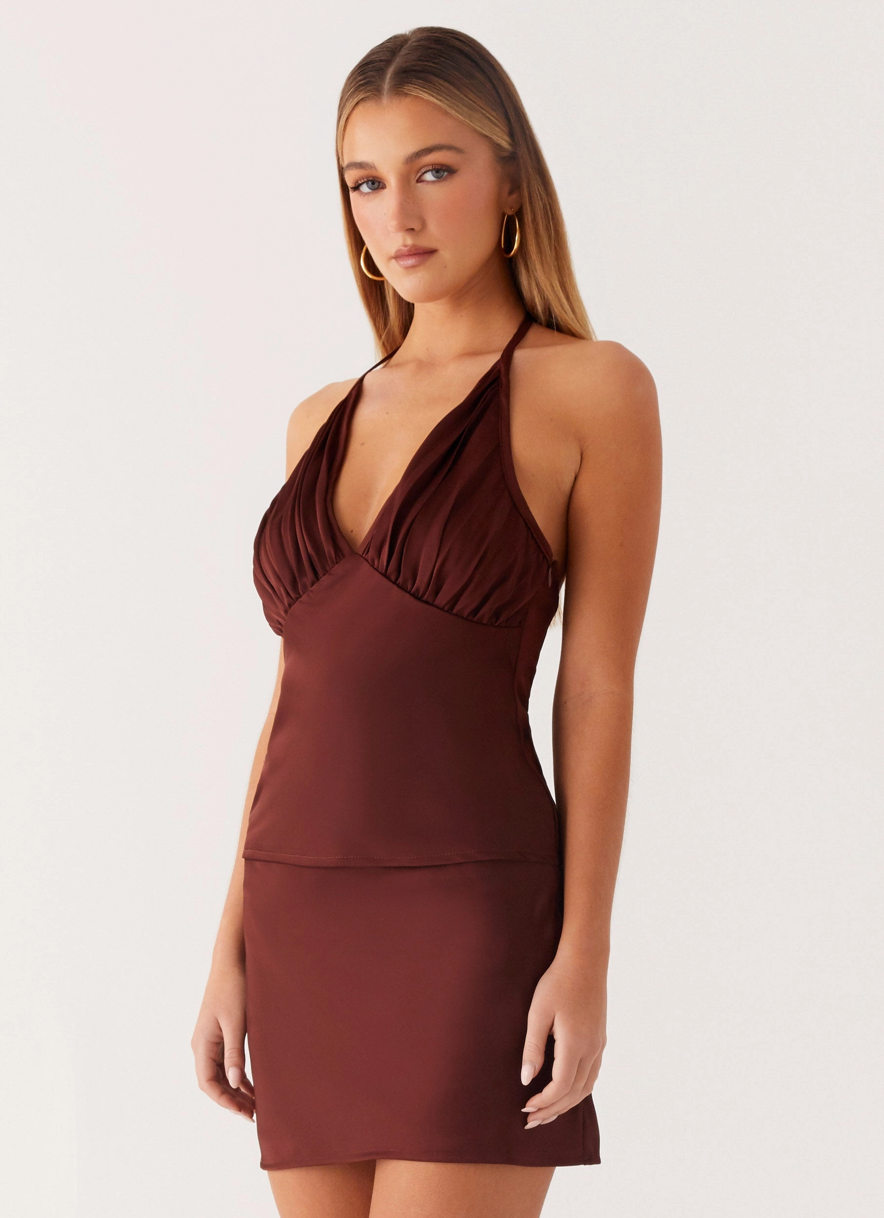 HighNeck FlexibleRibbedTrims Mabel Halter Top - Chocolate