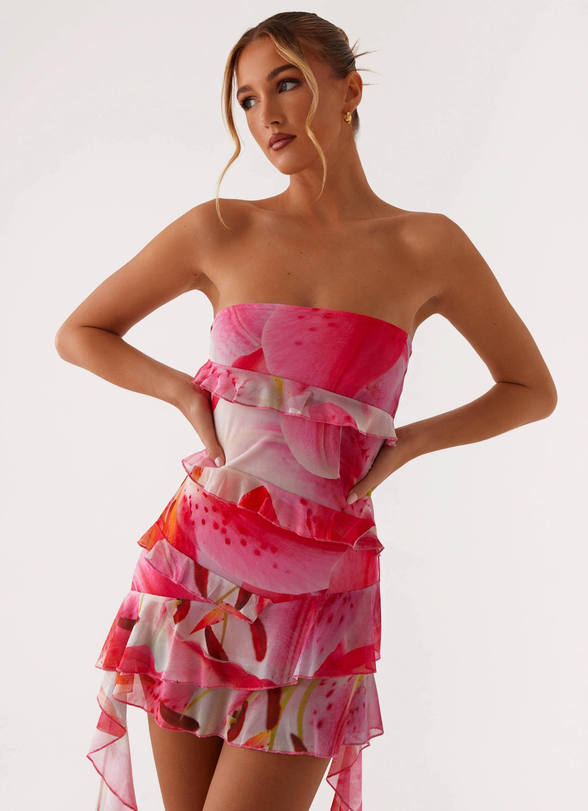 Printed-Lining Elegant holiday wear Macey Mini Dress - White Pink Lilly