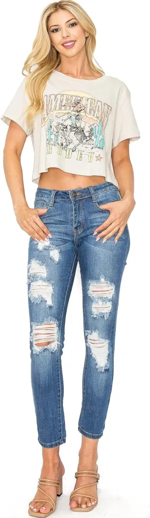 Machine Jeans Women's Juniors Mid Waist Distressed Skinny Jeans