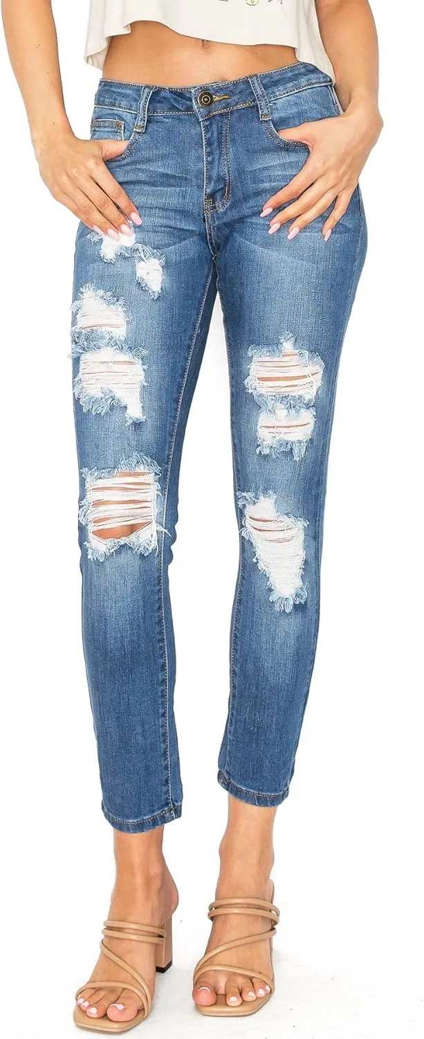 Machine Jeans Women's Juniors Mid Waist Distressed Skinny Jeans