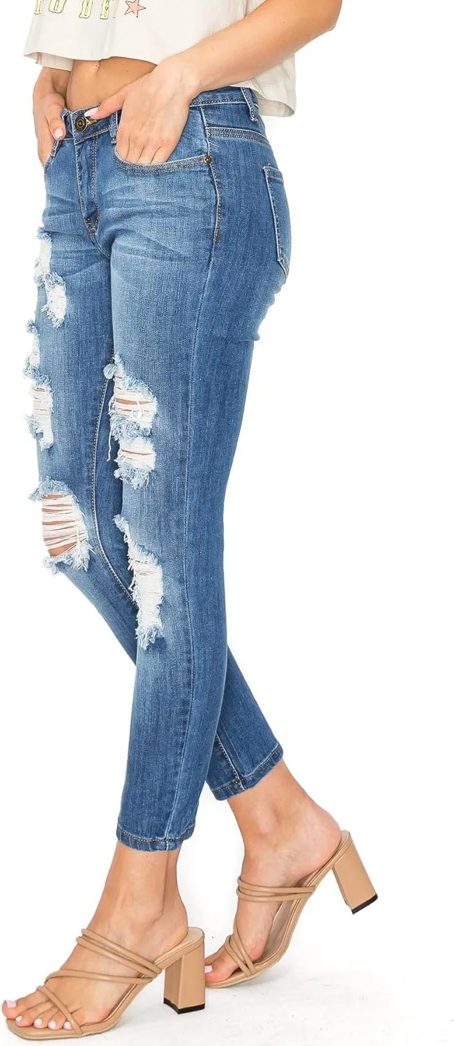 Machine Jeans Women's Juniors Mid Waist Distressed Skinny Jeans