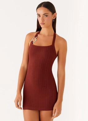 Magda Ribbed Mini Dress - Brown slim cut
