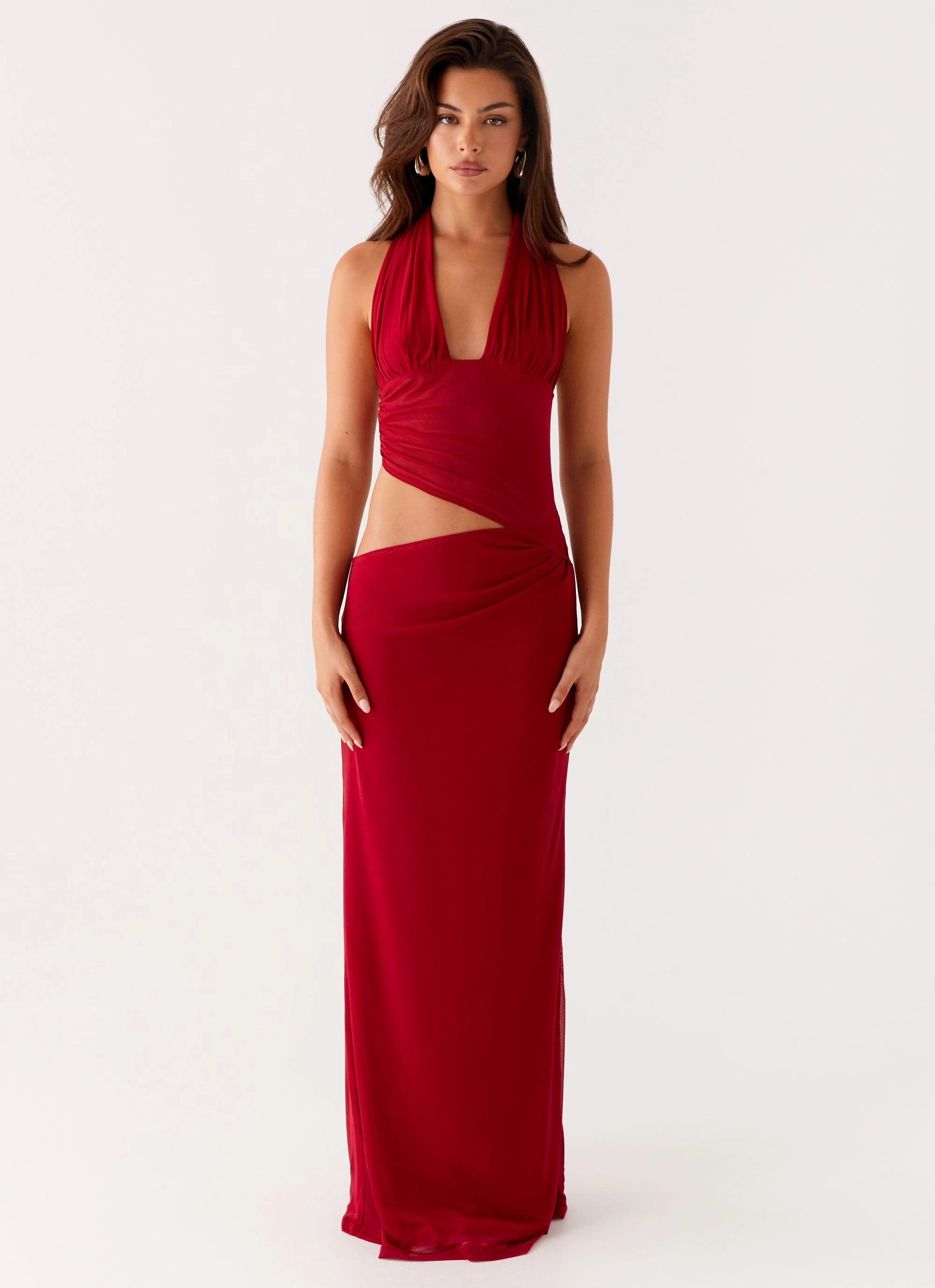 Main Act Halter Maxi Dress - Raspberry Lower Hem Ruffle Detail
