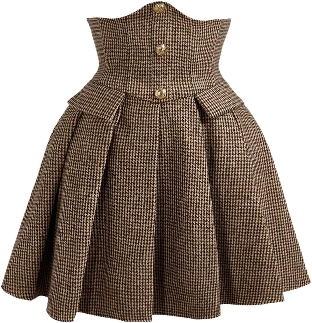 MakeMeChic Women's Plaid Mini Skirt Button Front Pleated A Line Flowy Elegant Skirts