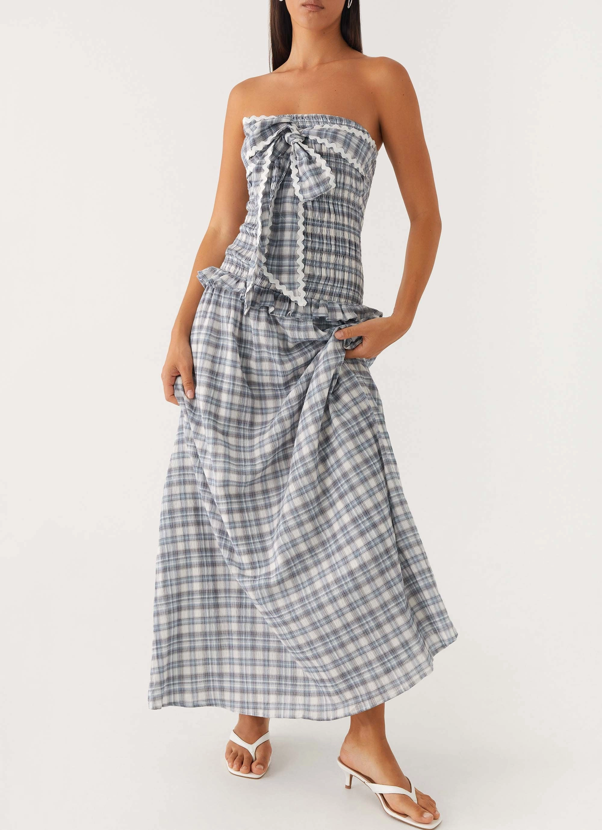 All Fit Style Malia Shirred Maxi Dress - Blue Grey Check