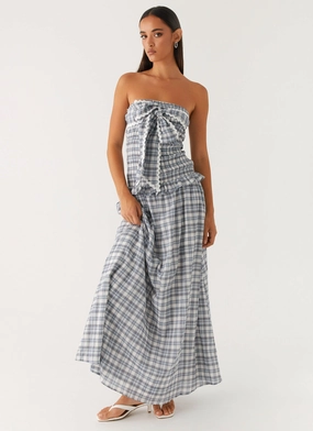 Malia Shirred Maxi Dress - Blue Grey Check Bless Glow