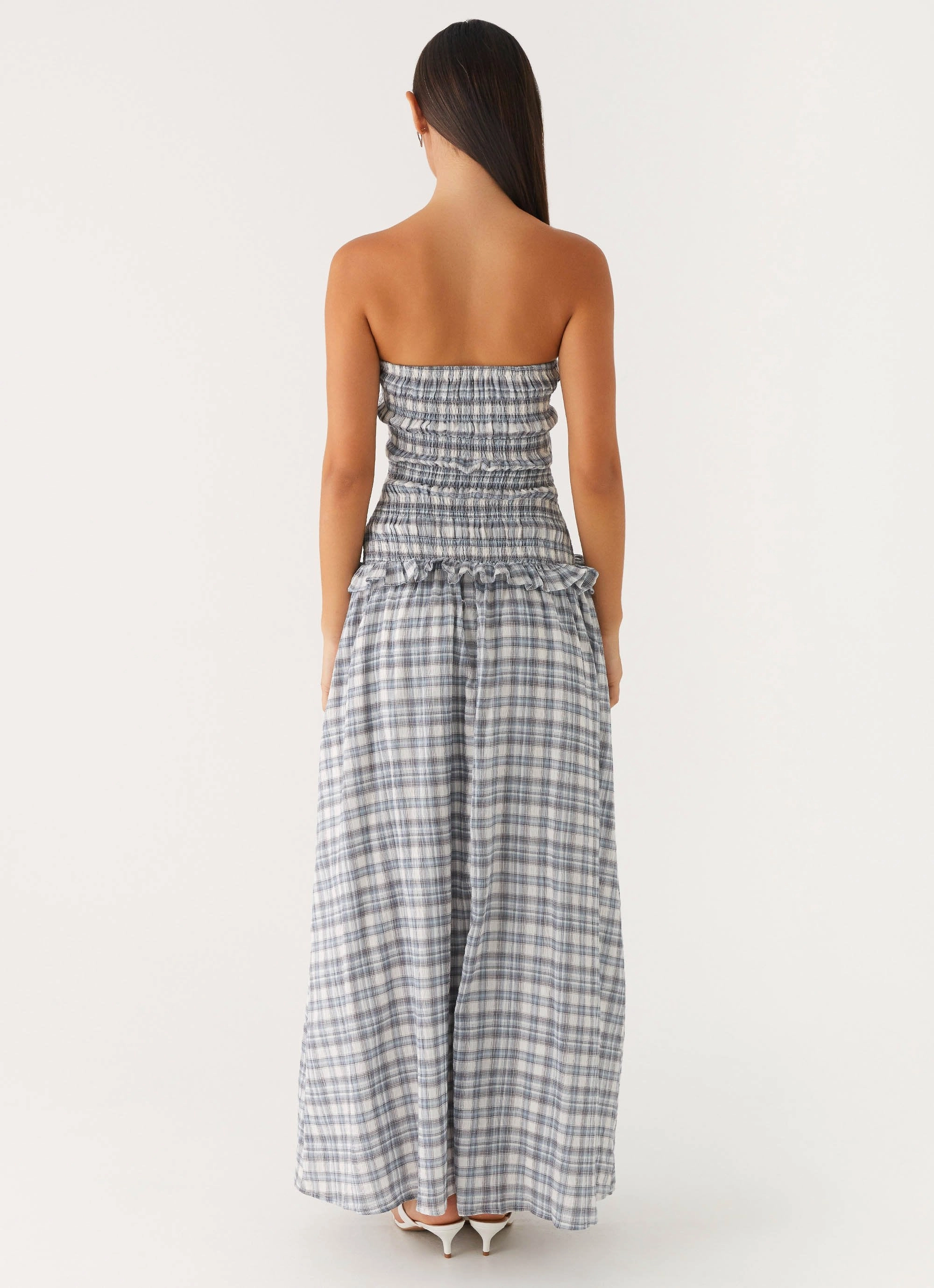 Malia Shirred Maxi Dress - Blue Grey Check Timeless slip dress