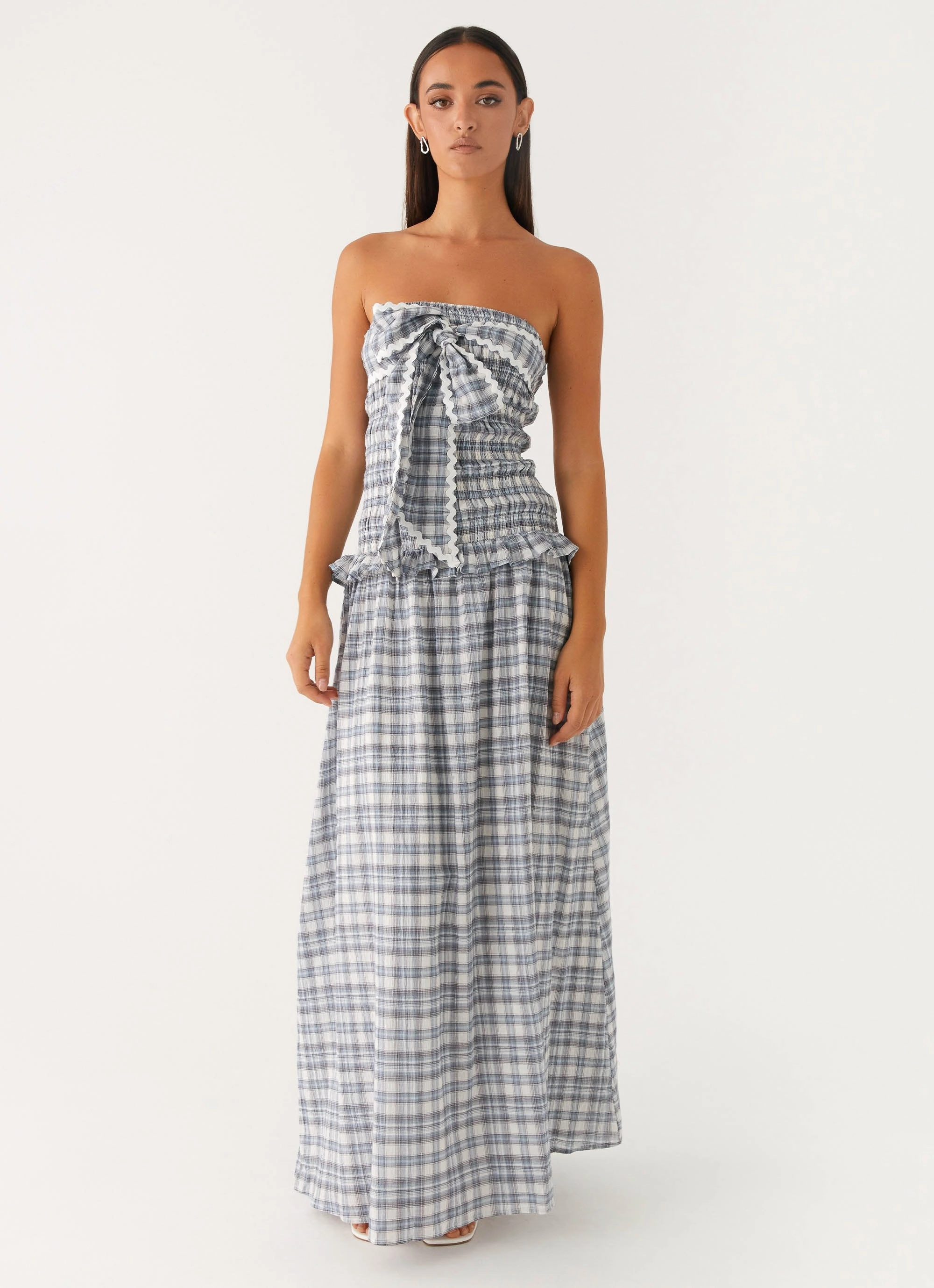Modern Appearance Seasonal Fit Malia Shirred Maxi Dress - Blue Grey Check