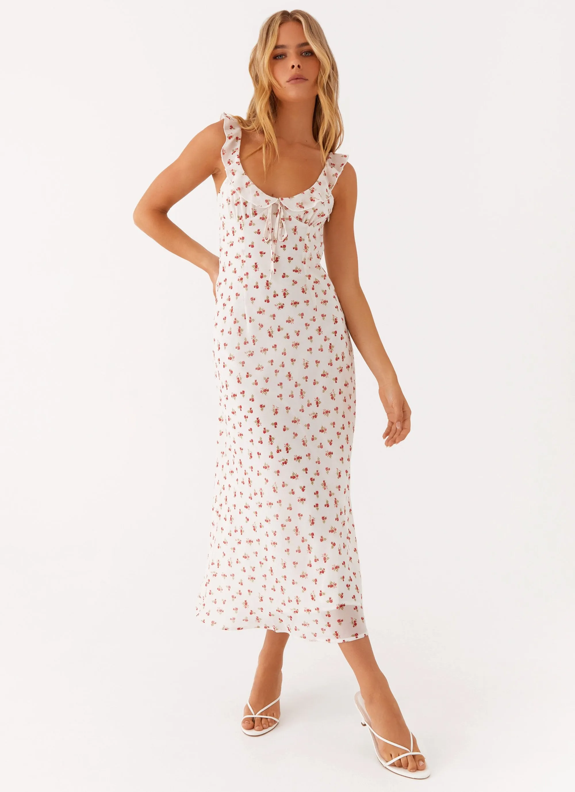 Bohemian style Glossy Fabric Second Guessing Midi Dress - Red White Floral