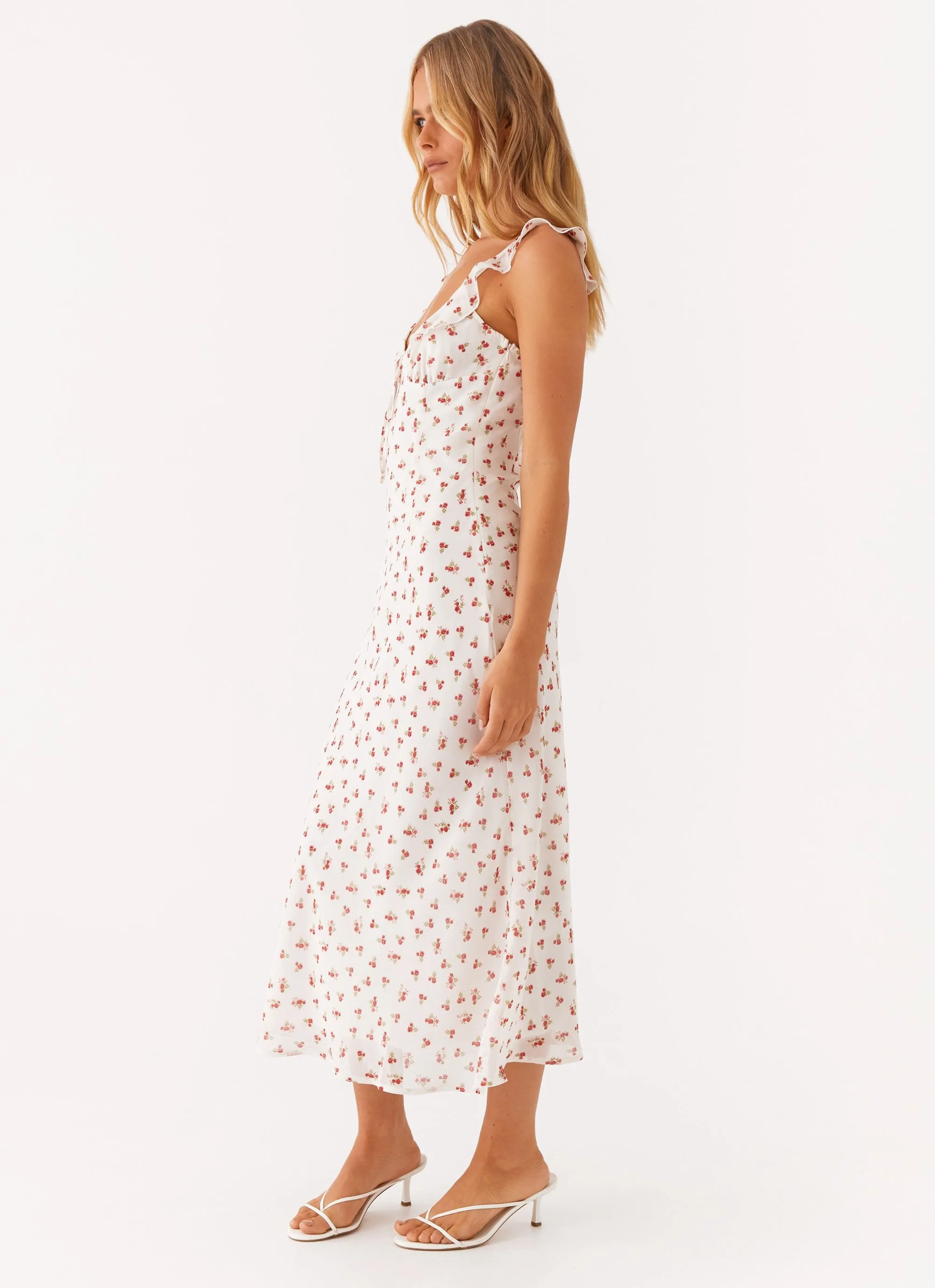 Second Guessing Midi Dress - Red White Floral Business casual Charming Comfort