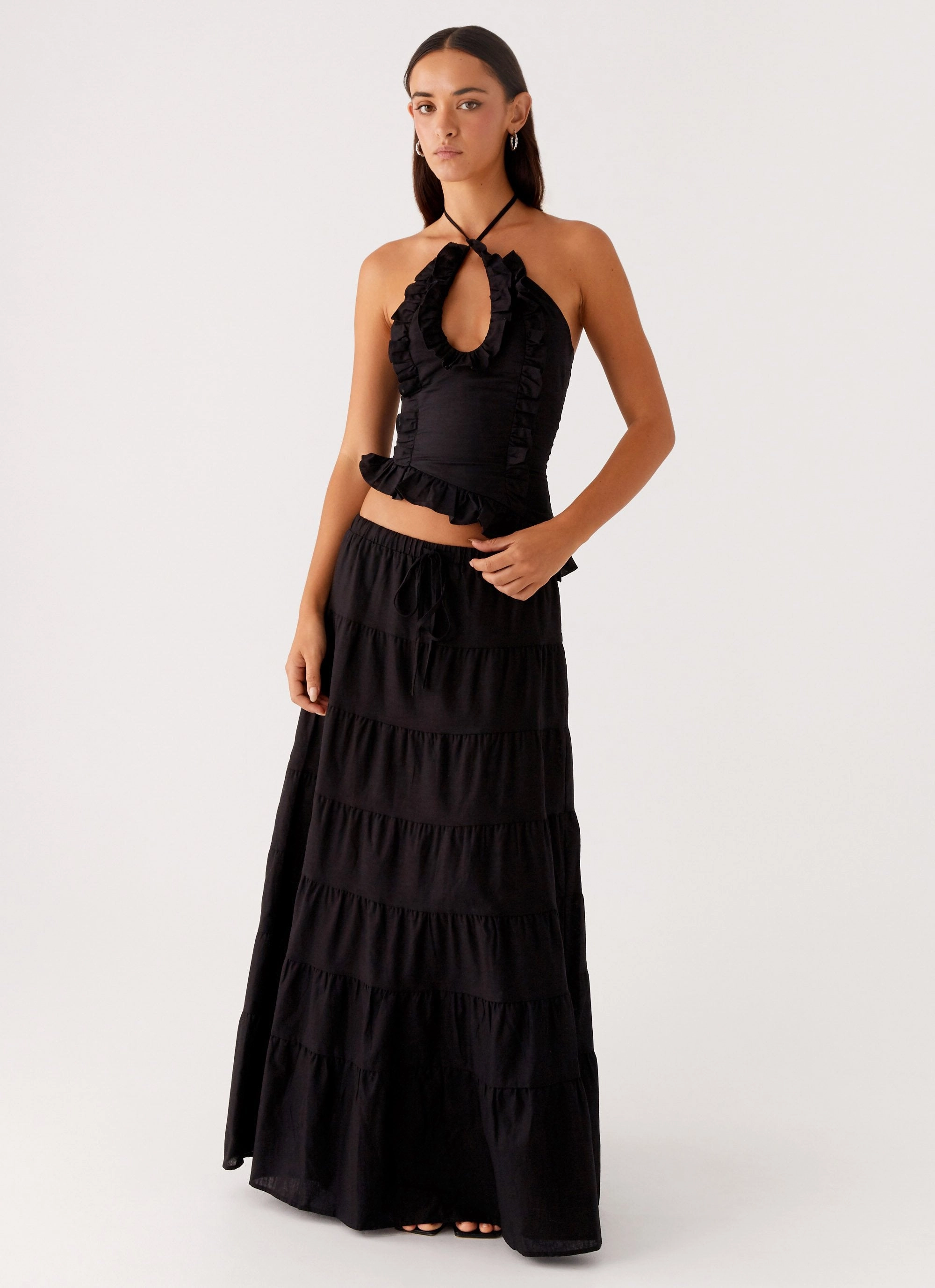 Neutral Shade Mariella Linen Maxi Skirt - Black