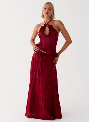 Mariella Linen Maxi Skirt - Maroon Practical Cold Piece Bright Color