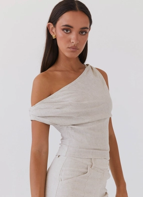 NonRestrictive Cut Marissa Linen One Shoulder Top - Oatmeal