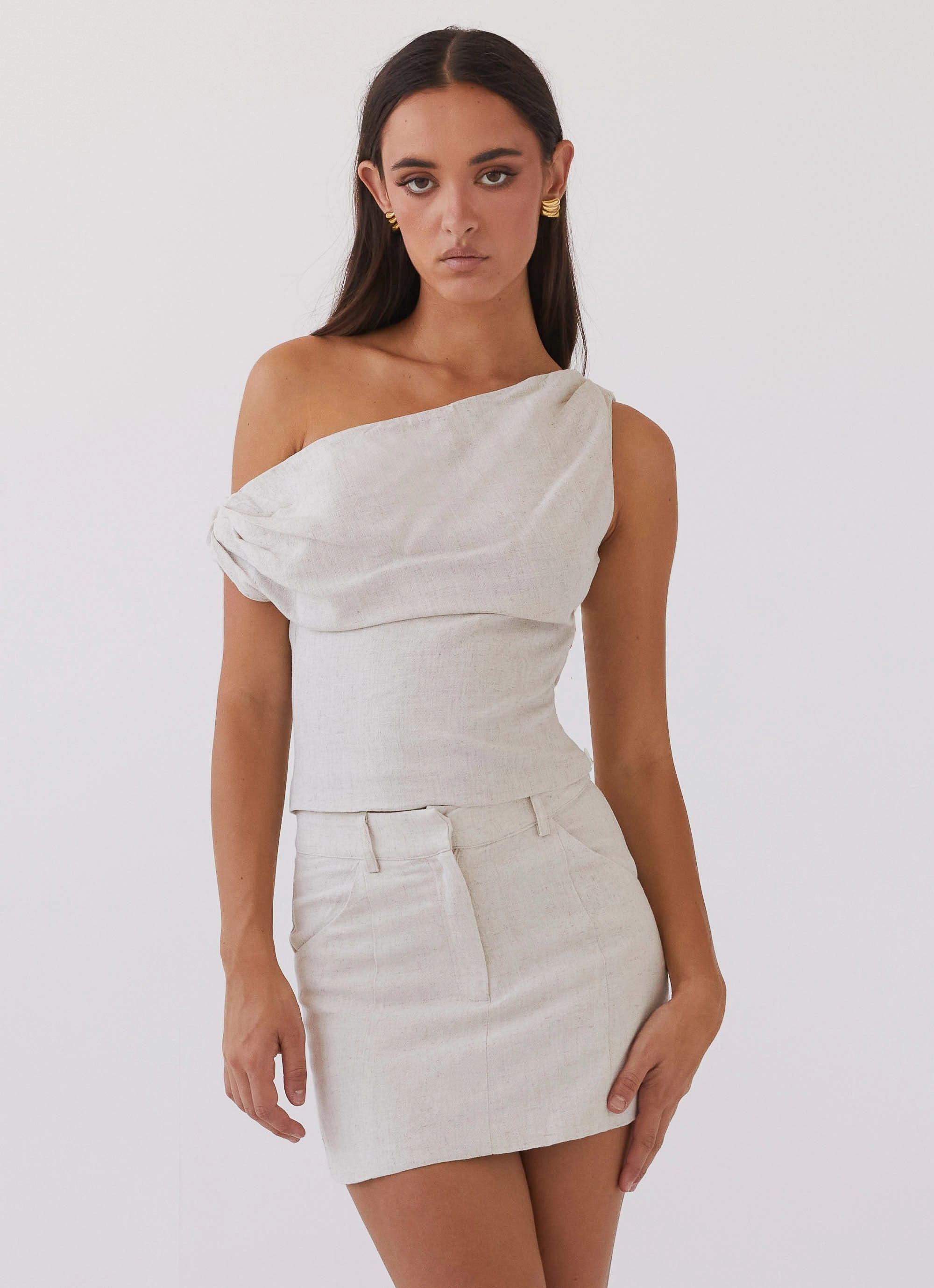 Marissa Linen One Shoulder Top - Oatmeal UPFProtection Fashionable Shirt