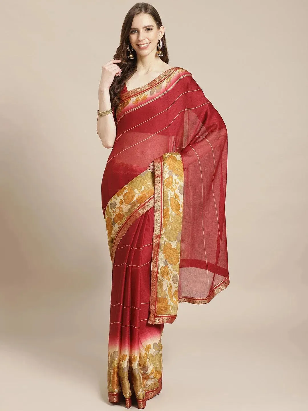 Maroon Printed Chiffon Saree
