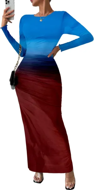 MARZXIN Womens Long Sleeve Maxi Dress Bodycon Ruched Natural Slim Fit Tie Dye Dress Cocktail Dresses Mesh Dress