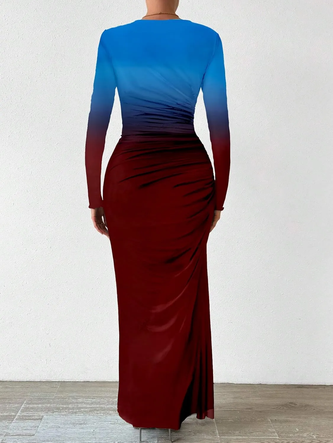 MARZXIN Womens Long Sleeve Maxi Dress Bodycon Ruched Natural Slim Fit Tie Dye Dress Cocktail Dresses Mesh Dress