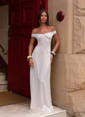 Melany Maxi Dress - White Polkadot Sleek Cut