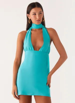 Feminine Charm Collar Accent Melisande Scarf Neck Mini Dress - Aqua Blue