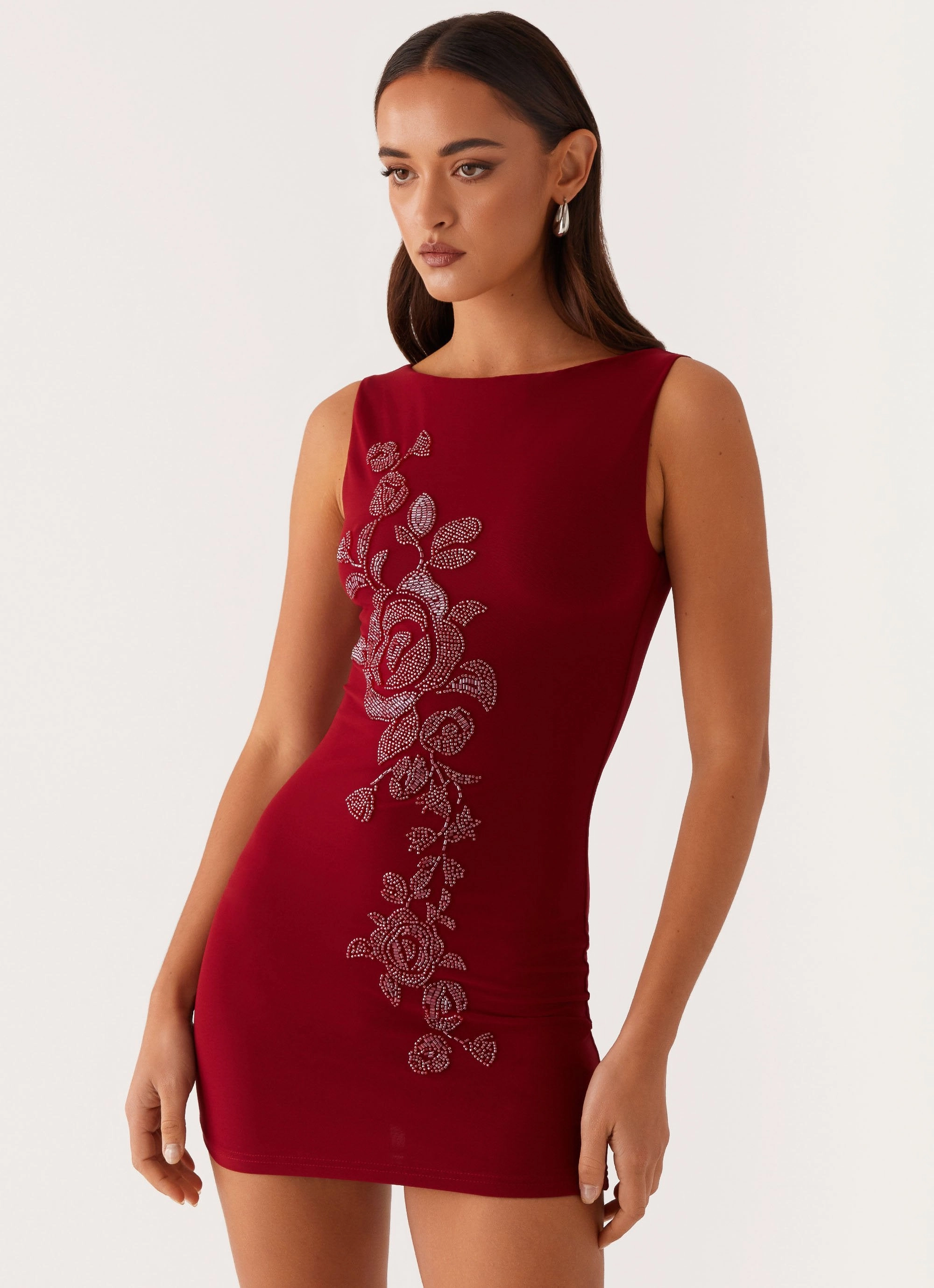 Matteo Beaded Mesh Mini Dress - Deep Red Chic Layering Tonal-Panel