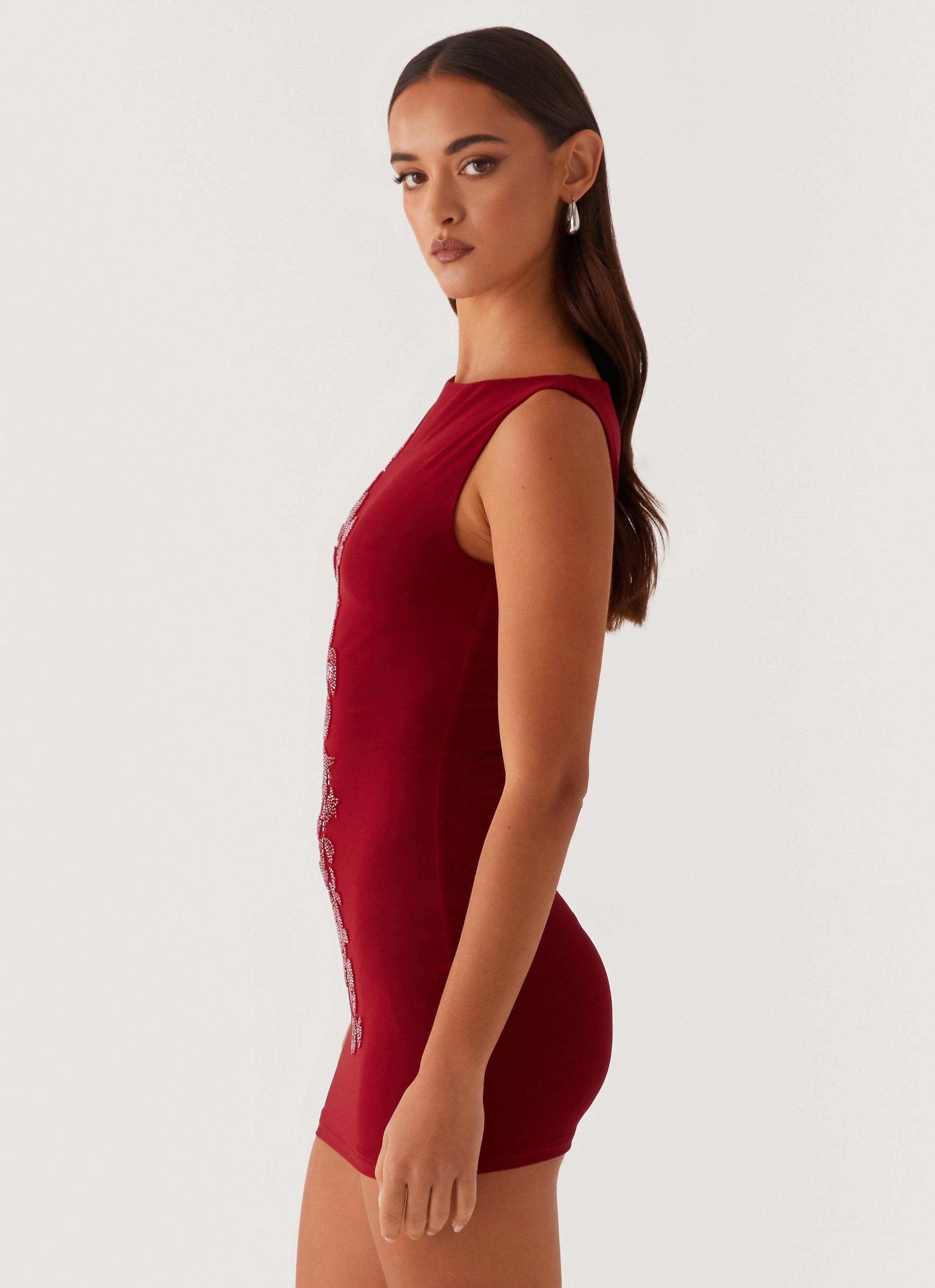 Trendy Design Matteo Beaded Mesh Mini Dress - Deep Red
