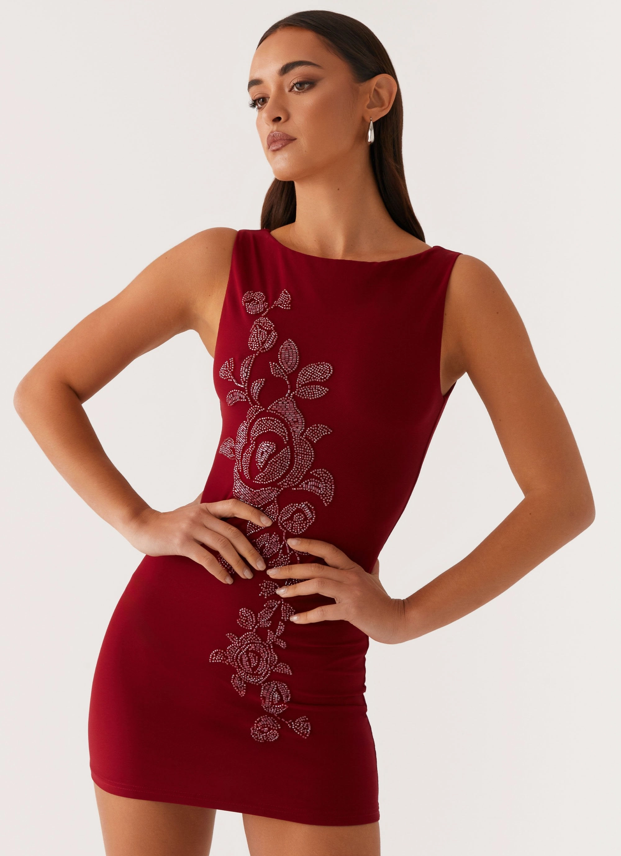 Matteo Beaded Mesh Mini Dress - Deep Red Trendy Layering