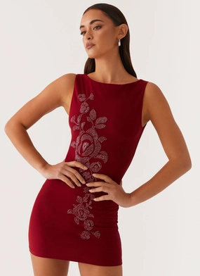 Matteo Beaded Mesh Mini Dress - Deep Red Trendy Layering