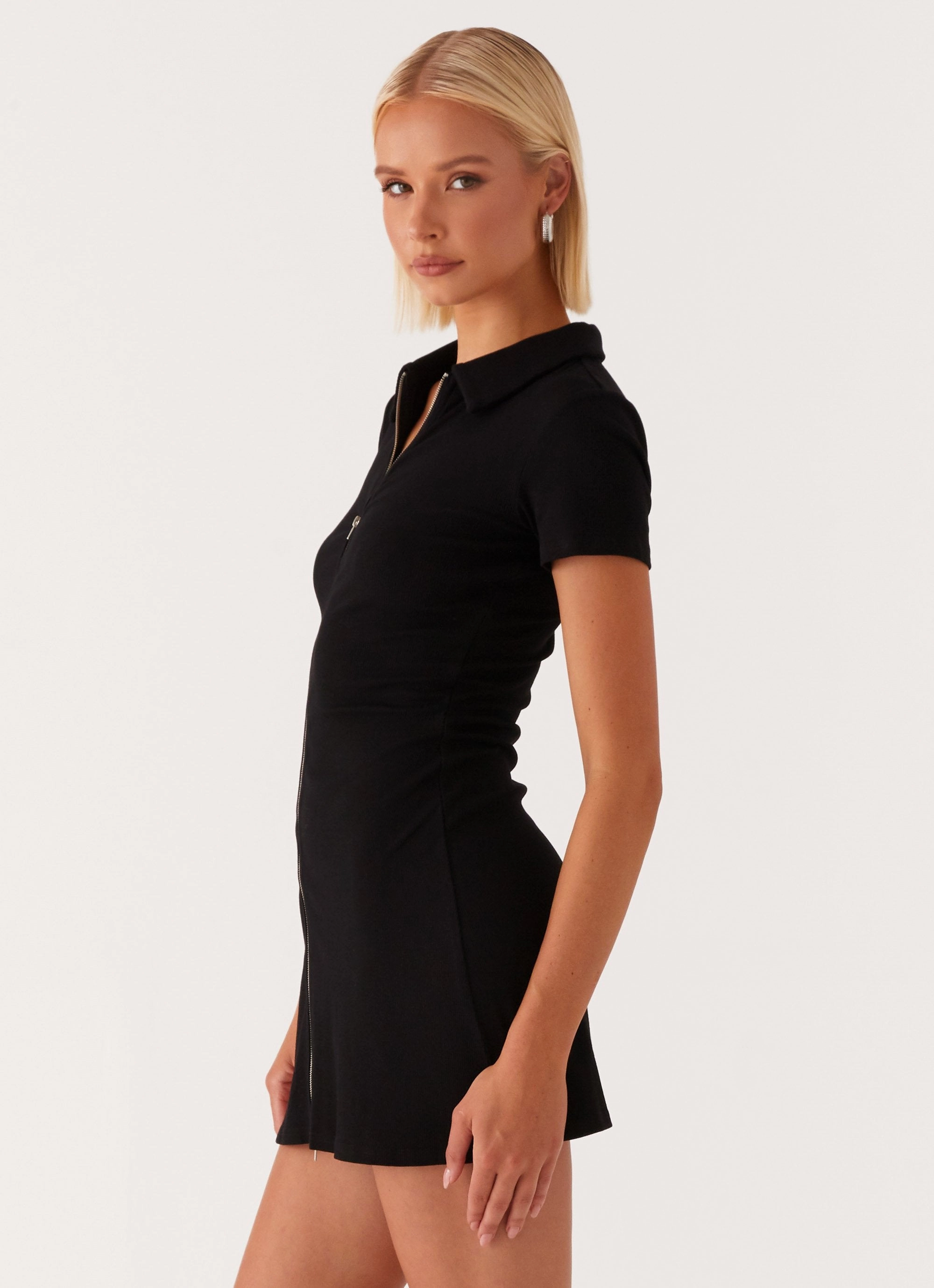 Matter Of Time Zip Front Mini Dress - Black Water-resistant City Bright