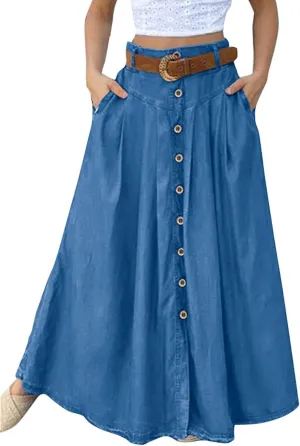 Maxi Skirts for Women 2025 Vintage Flared Pleated Flowy Skirt Button Front High Waisted Long Skirts with Pockets 