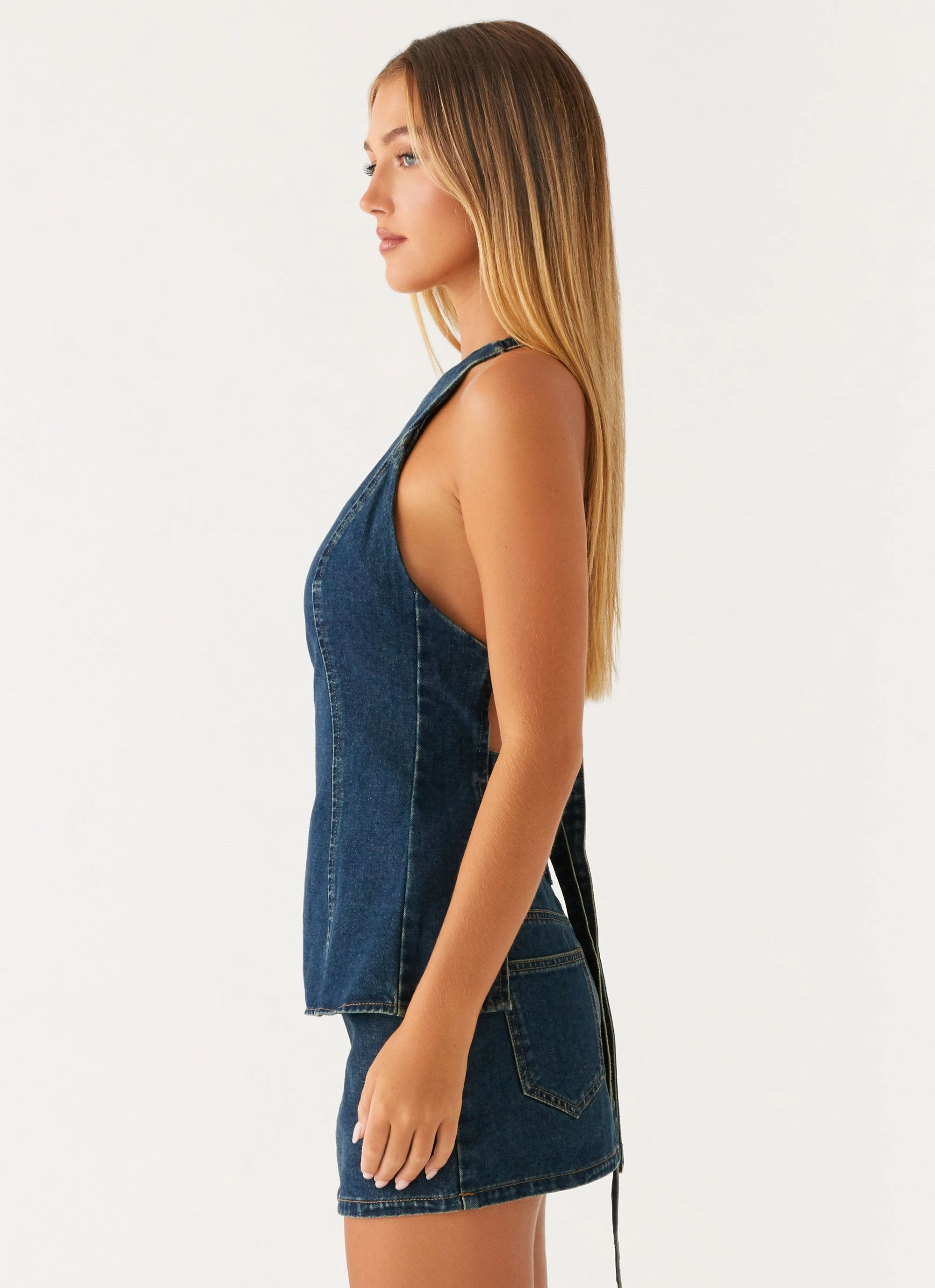 Maysa Denim Top - Washed Denim Flatlock Seam Design