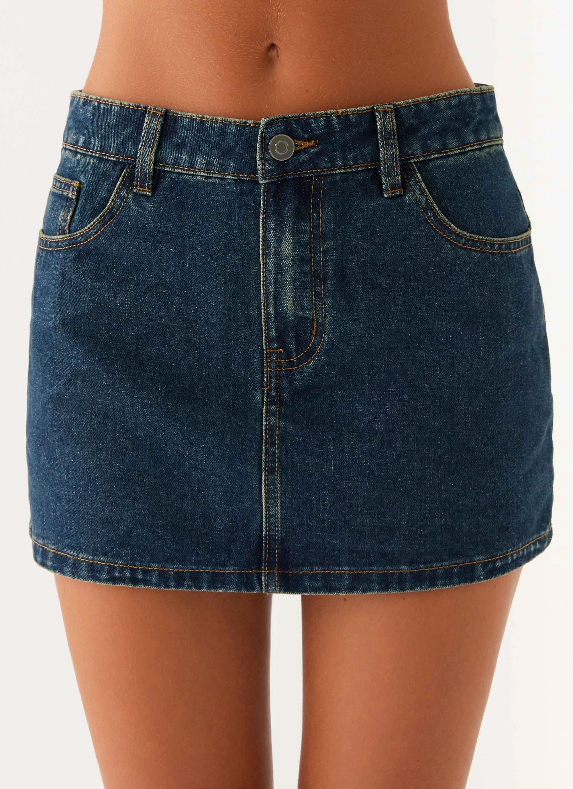 Relaxed Comfort Look Cold Weather Wear Maysa Low Rise Mini Skirt - Washed Denim
