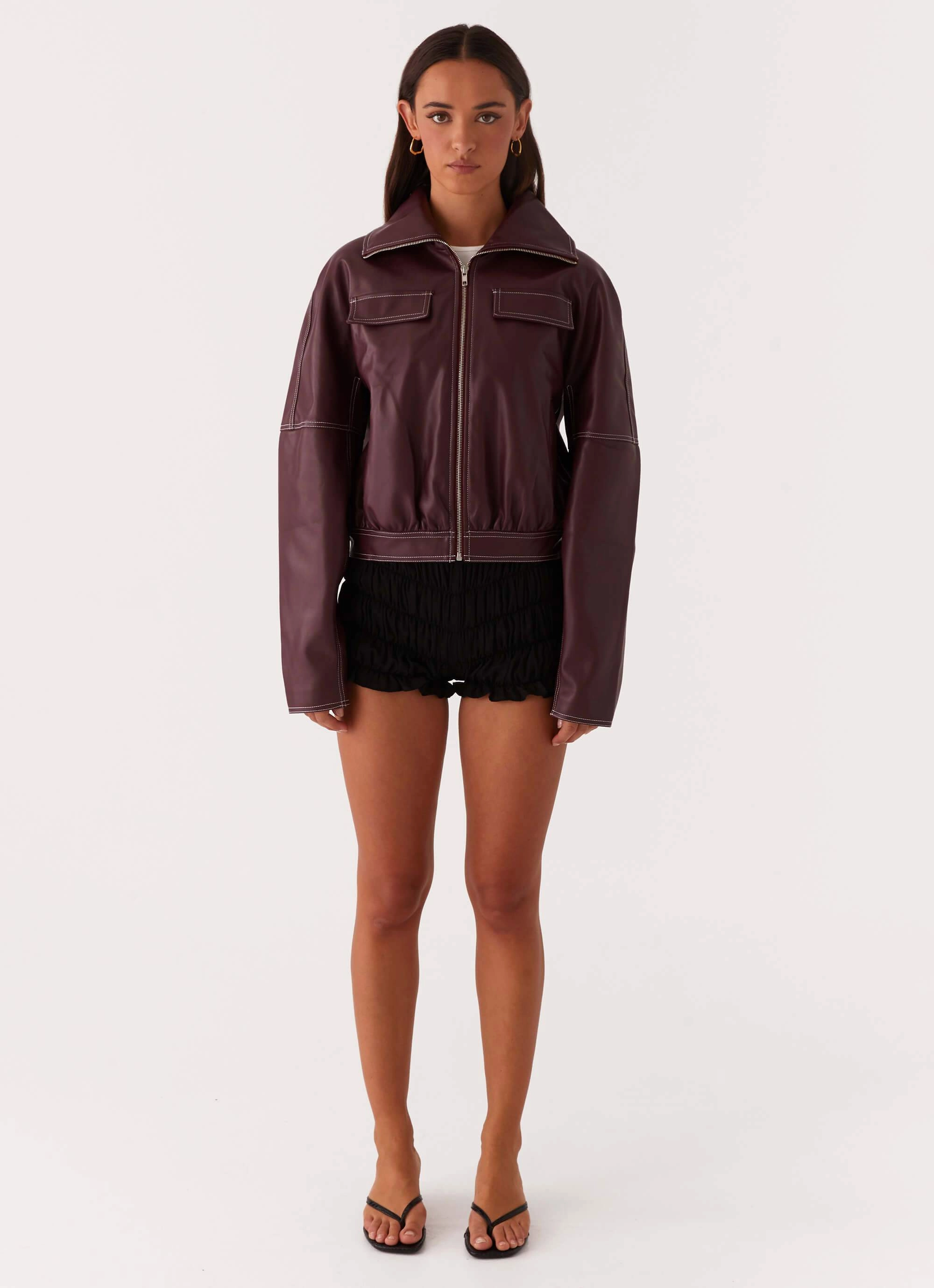 Meant To Be PU Boxy Jacket - Wine Cross Ventilation Panels