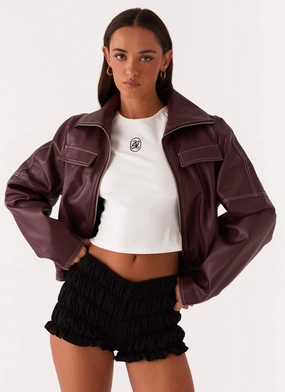 Meant To Be PU Boxy Jacket - Wine Double Stitched Seams