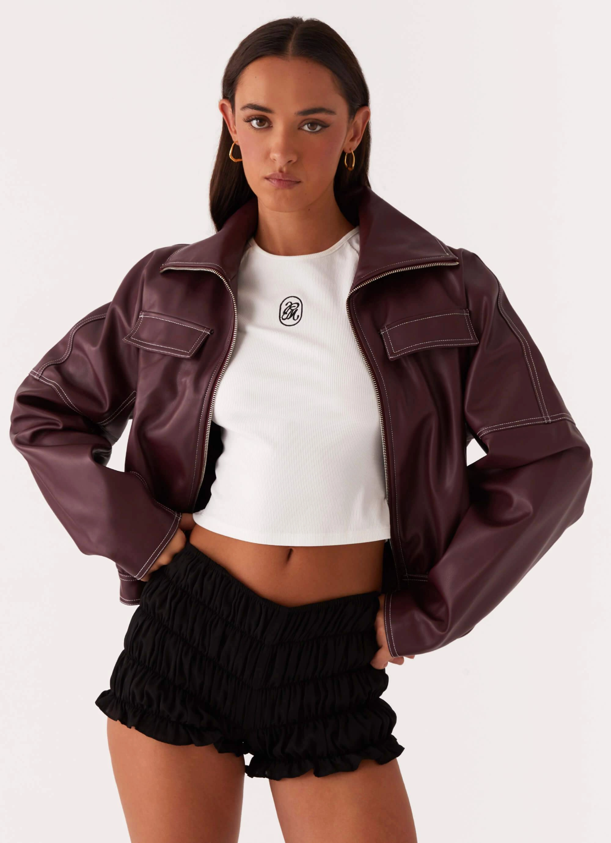 Meant To Be PU Boxy Jacket - Wine Double Stitched Seams