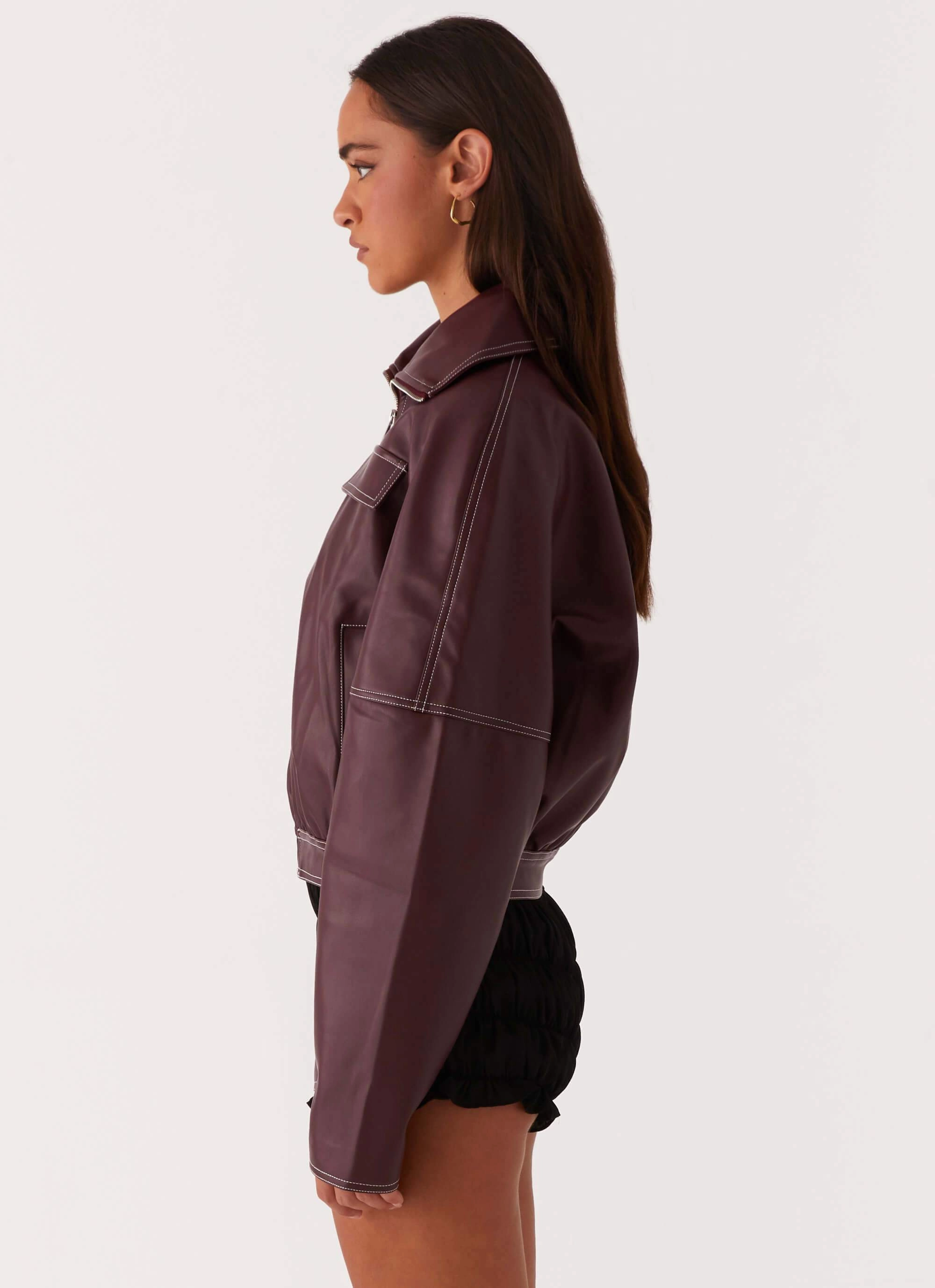 Meant To Be PU Boxy Jacket - Wine Stylish Comfort Flatlock stitching