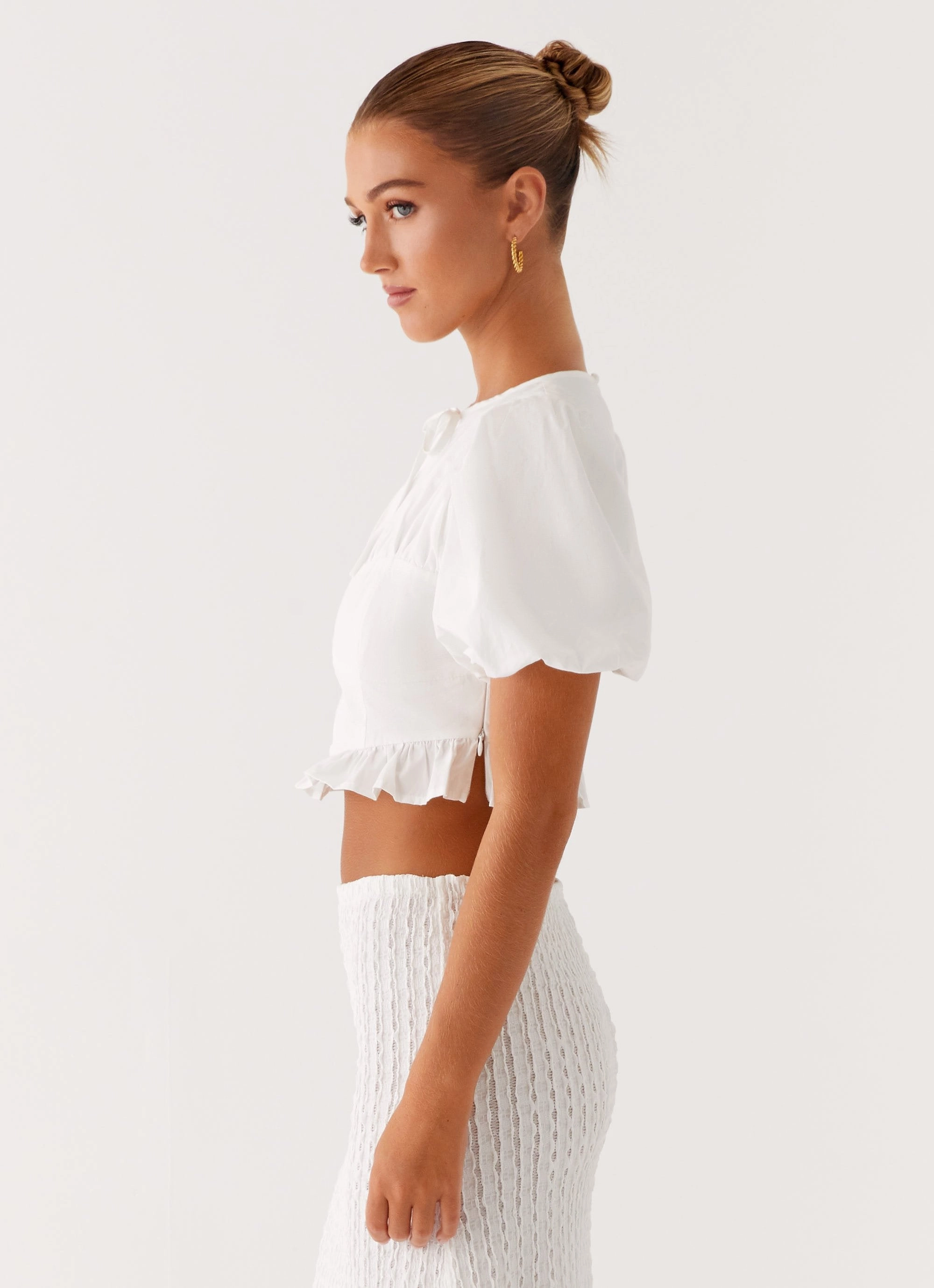 ReflectiveTrimDetails Megan Balloon Sleeve Top - White