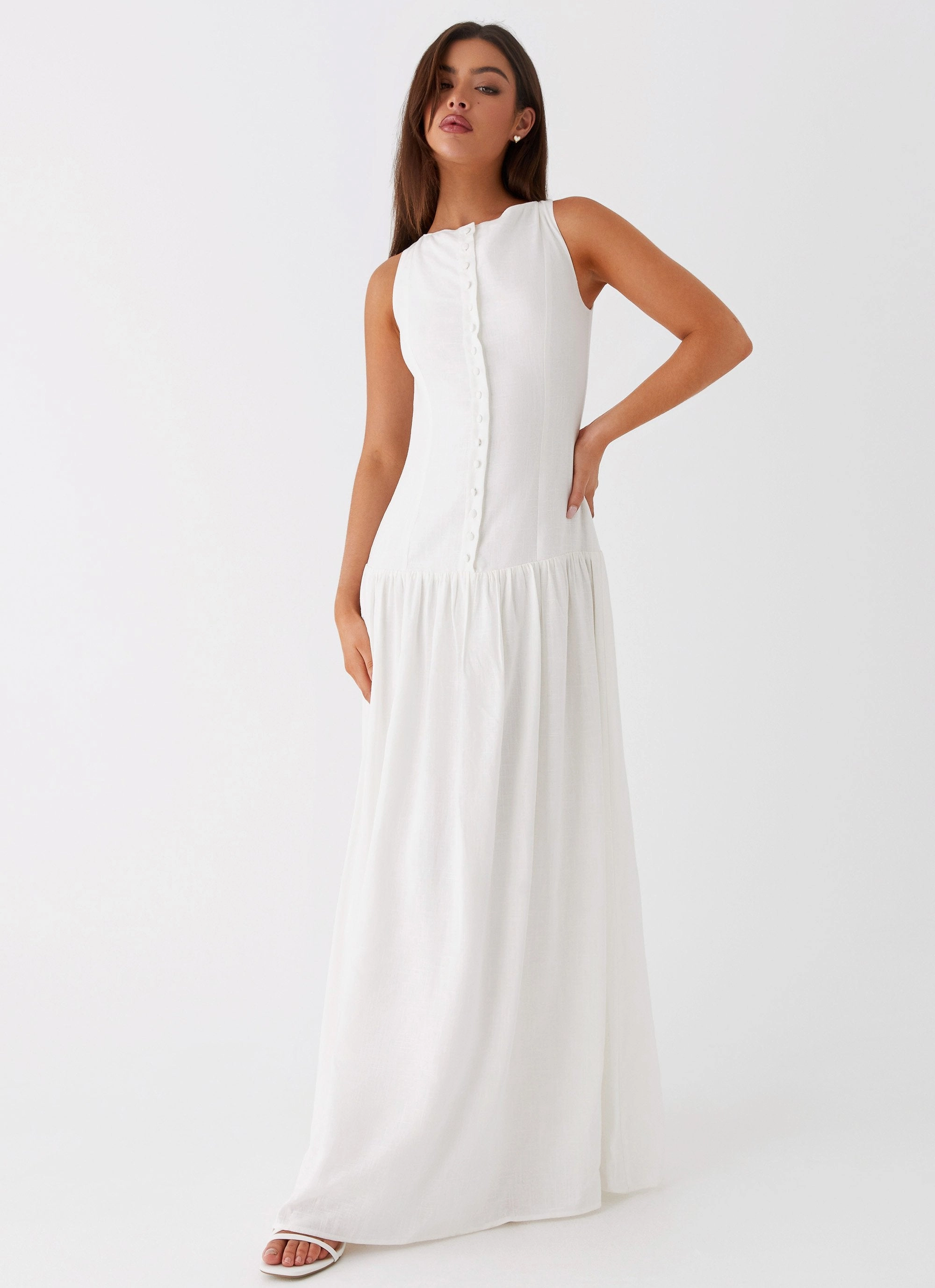 Deep Hue Classy Look Meggie Linen Maxi Dress - White