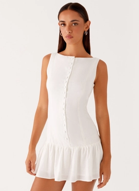 Meggie Linen Mini Dress - White Autumn Look Panelled-Design